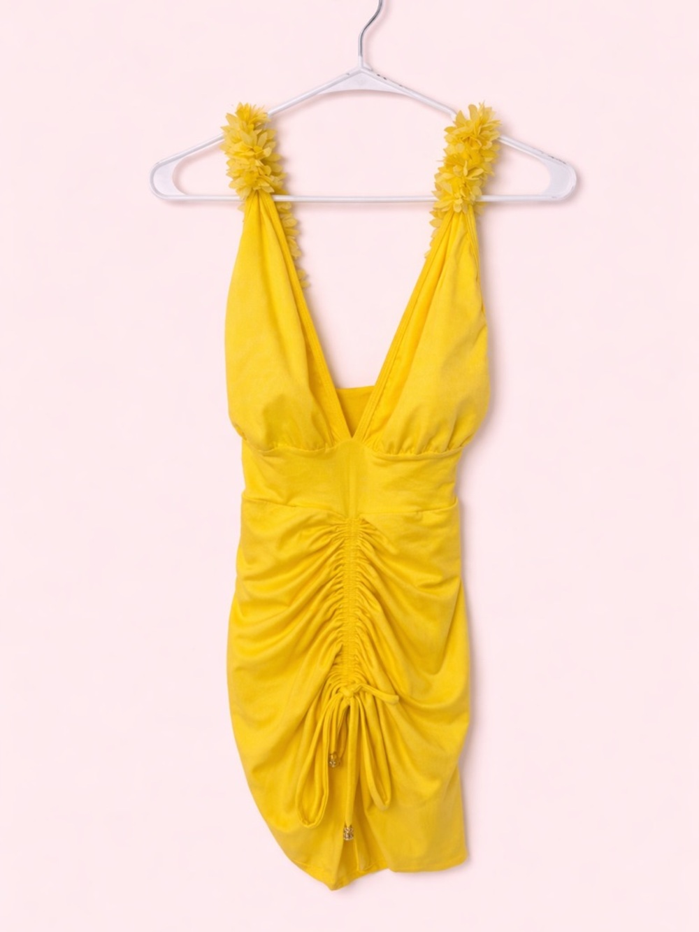 Yellow Floral Strap Ruched Mini Dress